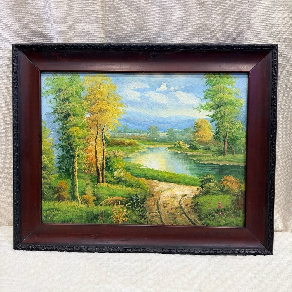 Vintage Framed Landscape Oil Painting on Canvas with Autumn River Scene